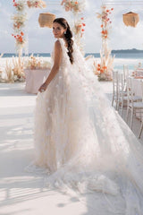 White Wedding Dress V Neck Lace A Line Spaghetti Strap Sequined Sleeveless Watteau Train Long Tulle Bridal Gown With Slit