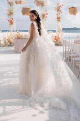 White Wedding Dress V Neck Lace A Line Spaghetti Strap Sequined Sleeveless Watteau Train Tulle Bridal Gown With Slit
