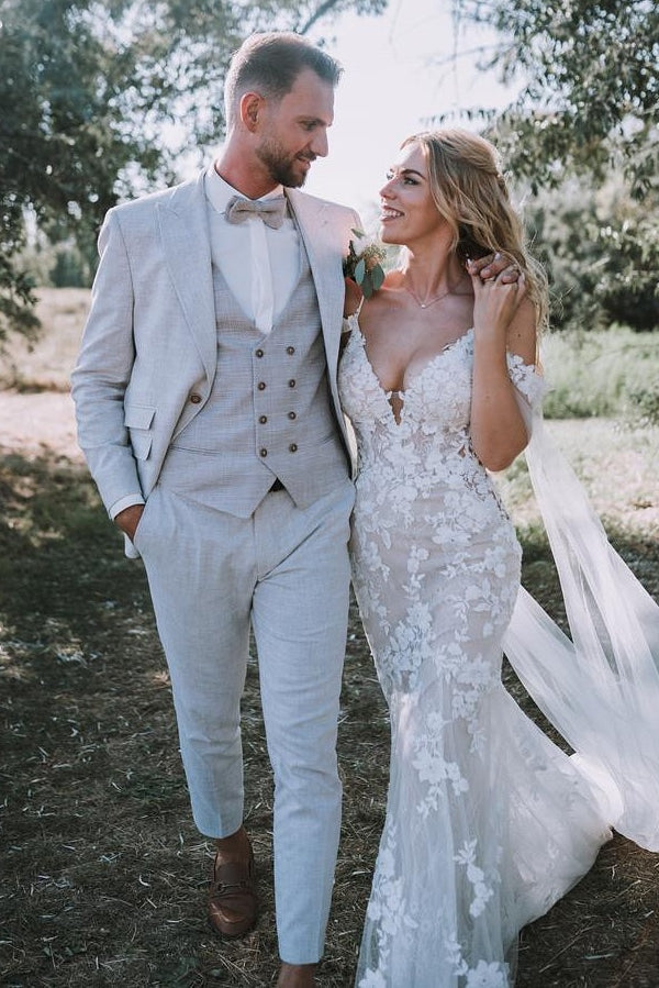 White Wedding Dress V Neck Lace Mermaid Spaghetti Strap Off The Shoulder Cap Sleeves Long Bridal Gown