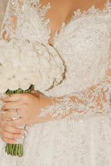 White Wedding Dress V Neck Lace Sequined Ball Gown Sleeves Cathedral Train Bridal Gown