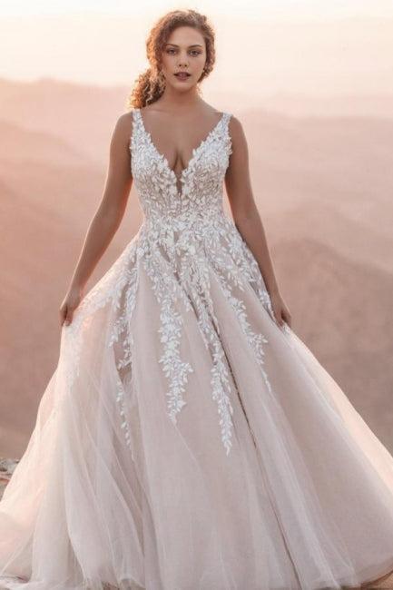 White Wedding Dress V Neck Spaghetti Strap A Line Backless Tulle Lace Bridal Gown With Appliques