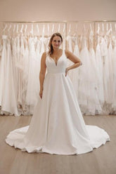 White Wedding Dress V Neck Spaghetti Strap A Line Sleeveless Sweep Train Satin Bridal Gown