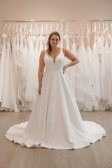 White Wedding Dress V Neck Spaghetti Strap A Line Sleeveless Sweep Train Satin Bridal Gown
