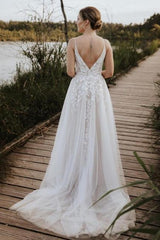 White Wedding Dress V Neck Spaghetti Strap A Line Sweep Train Tulle Bridal Gown With Appliques