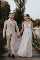 White Wedding Dress V Neck Spaghetti Strap A Line Sweep Train Tulle Bridal Gown With Appliques