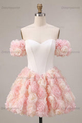 White and Pink A-Line Corset Short Homecoming Dress with 3D Flowers
