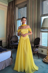 Yellow A Line Prom Dress Off the Shoulder Formal Dress