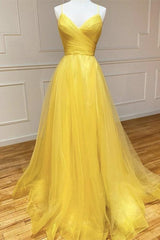Yellow A Line Prom Dress Sleeveless Halter Neck Formal Dress