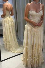 Yellow A Line Prom Dress Sleeveless Sweetheart Formal Dress With Lace Appliques