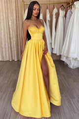 Yellow A Line Spaghetti Straps Evening Dress with Split