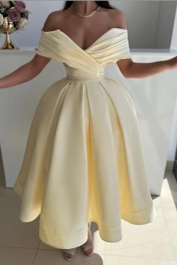 Yellow Ball Gown Prom Dress Off the Shoulder Satin Tea Length Formal Dress