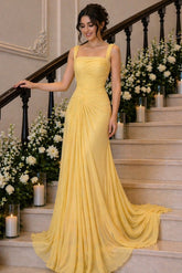 Yellow Chiffon Mermaid Prom Dress with Square Neck and Ruched Bodice