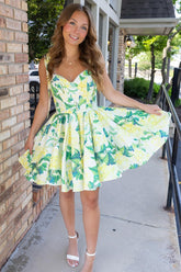 Yellow Floral A Line Homecoming Dresses Satin Short Cocktail Dresses
