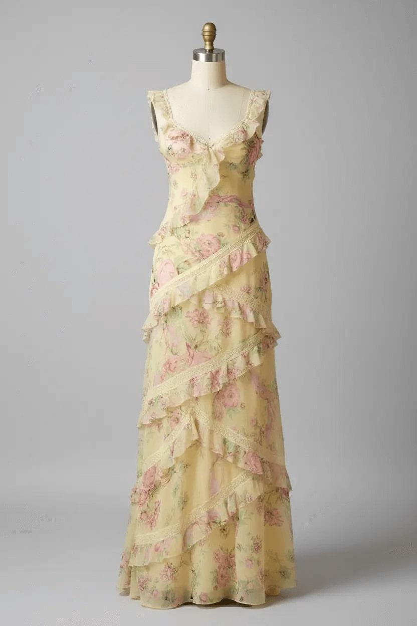 Yellow floral print chiffon prom dress on a dress form, showing the ruffled V-neck and tiered lace-trim skirt