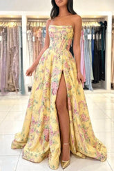 Yellow Floral Printed Prom Dress Corset Strapless A Line Sleeveless Formal Evening Dress with Slit