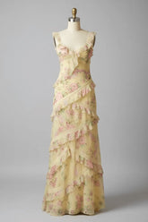 Yellow Floral Printed Prom Dress Sheath/Column Ruffled V Neck Formal Dress