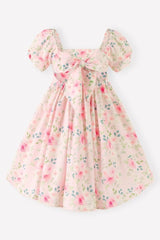 Dusty Rose Floral Puff Sleeve Square Neck Back to School Girl Dress