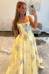 Yellow Floral Square Pearls Trim Neck Prom Dress With Open Back Formal Evening Gown