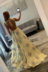 Yellow Floral Square Pearls Trim Neck Prom Dress With Open Back Formal Evening Gown