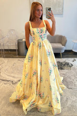 Yellow Floral Square Pearls Trim Neck Prom Dress With Open Back Formal Evening Gown