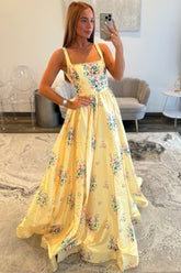Yellow Floral Square Pearls Trim Neck Prom Dress With Open Back Formal Evening Gown