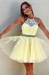Yellow Homecoming Dress A Line Halter Backless Prom Dress