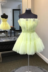 Yellow Homecoming Dress A Line Tiered Tulle Short Prom Dress