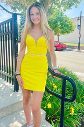 Yellow Homecoming Dress Beaded Satin Tight Short Prom Dress