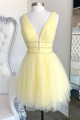 Yellow Homecoming Dress Beaded Sequin A-Line Short Prom Dress