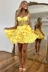 Yellow Homecoming Dress Corset A Line Short Cocktail Dresses With 3D Flowers