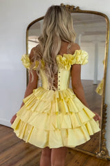 Yellow Homecoming Dress Off The Shoulder Corset Short Cocktail Dresses With Ruffles