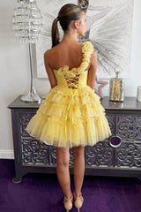 Yellow Homecoming Dress One Shoulder Ruffled A-Line Short Cocktail Dresses