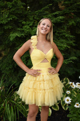 Yellow Homecoming Dress One Shoulder Ruffled A-Line Short Prom Dress