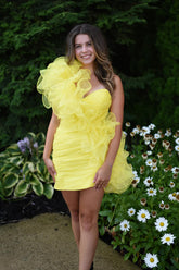 Yellow Homecoming Dress One Shoulder Ruffled Tight Short Prom Dress