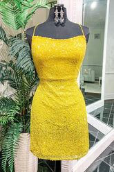 Yellow Homecoming Dress Sequin Backless Short Prom Dress