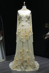 Yellow Lace A Line Prom Dress Sweetheart Lace Appliqued Formal Dress with 3D Flowers