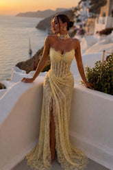 Yellow Lace Corset Mermaid Prom Dress Sweetheart Formal Gown with Side Slit