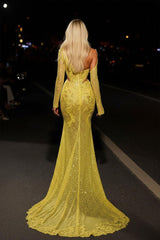 Yellow Mermaid Prom Dress Long Sleeve Asymmetric Formal Dress With Lace Appliques