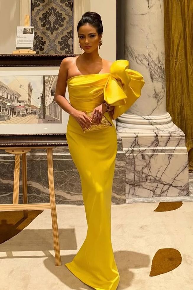 Yellow Mermaid Prom Dress Short Sleeve One Shoulder Satin Formal Dress