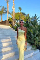 Yellow Mermaid Prom Dress Sleeveless One Shoulder Satin Formal Dress