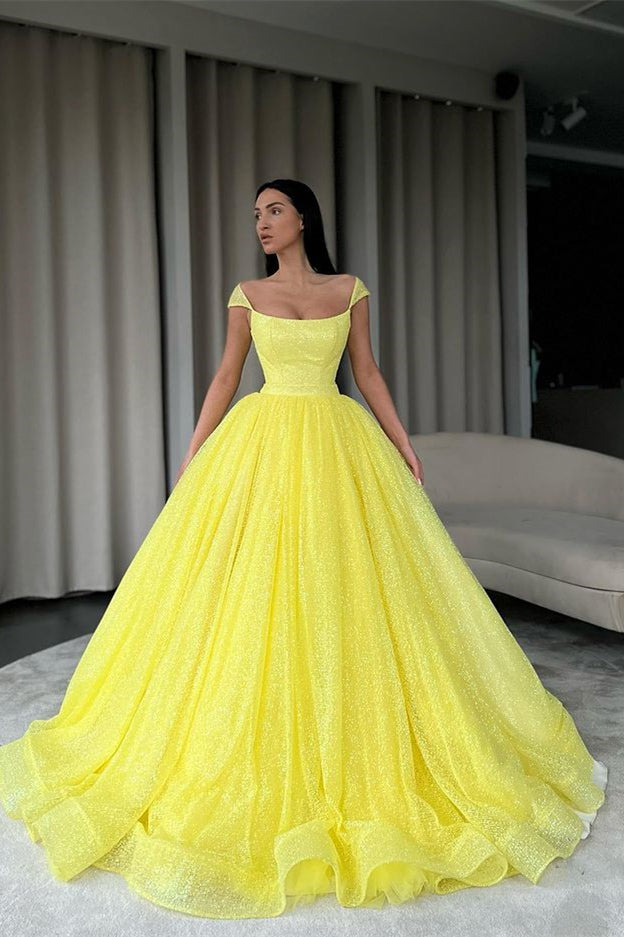 Yellow Off The Shoulder Ball Gown Sequins Evening Dress