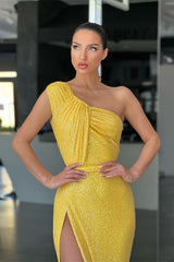 Yellow One Shoulder Mermaid Evening Dress with Sequins and Split