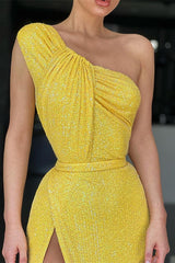 Yellow One Shoulder Mermaid Evening Dress with Sequins and Split
