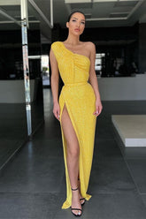 Yellow One Shoulder Mermaid Evening Dress with Sequins and Split
