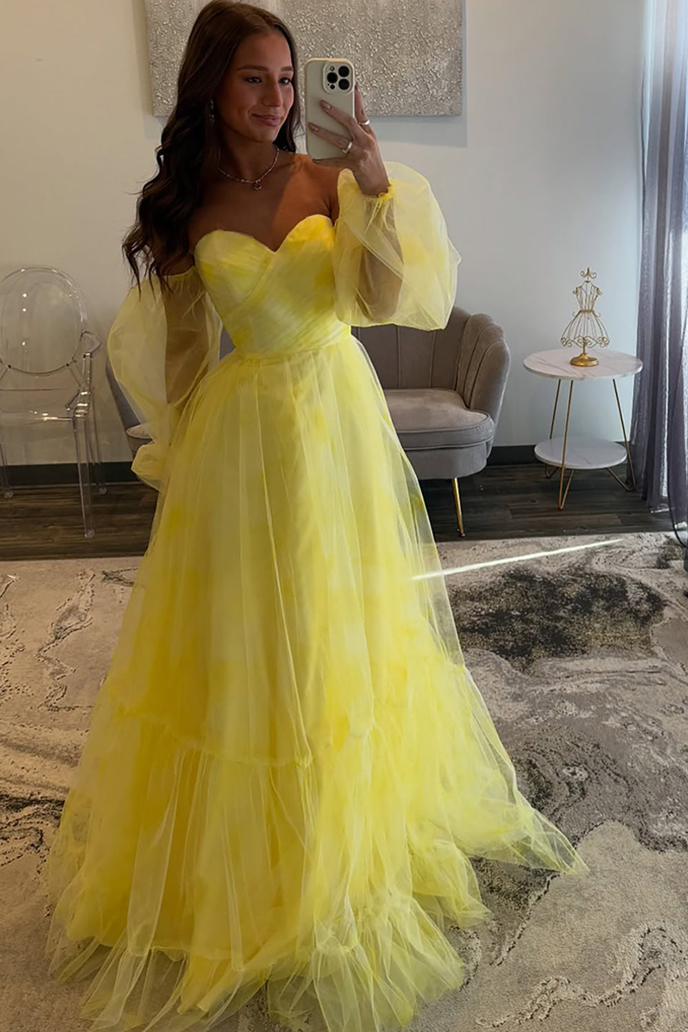 Yellow Prom Dress A Line Off The Shoulder Long Tulle Formal Dress With Long Sleeves