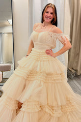 Yellow Prom Dress A Line Ruffled Tiered Formal Dress With Feathers