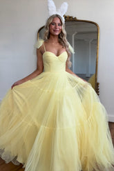 Yellow Prom Dress A Line Spaghetti Straps Tulle Long Evening Dress