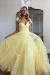 Yellow Prom Dress A Line Spaghetti Straps Tulle Long Evening Dress