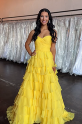 Yellow Prom Dress A-Line Sweetheart Tiered Long Formal Dress