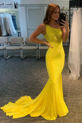 Yellow Prom Dress Beaded Mermaid Evening Dress